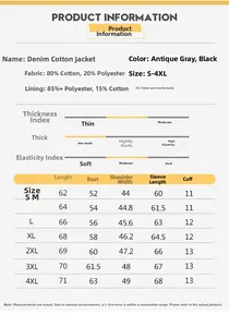 Detailed size chart and fabric specifications for the slim fit denim jacket for men