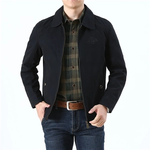 Navy blue men's casual jacket with turn-down collar and brand logo on chest