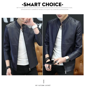Detail of navy blue men's slim fit faux leather jacket with stand collar and zipper