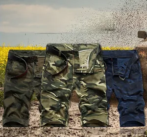 Three variants of men's camouflage cargo shorts in classic, green, and blue patterns