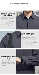 Detail view showing technical tailoring improvements on men's gray-blue casual shirt