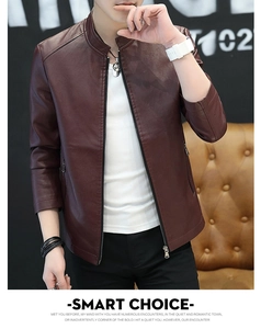 Detailed view of wine red motorcycle faux leather jacket with stand collar and sleek zippers
