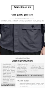 Close-up of grey twill fabric texture with black button and detailed care instructions