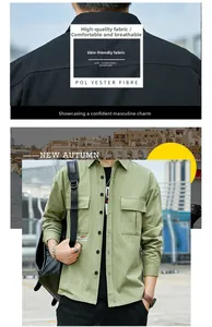 Close-up of military green cotton texture and dual chest pockets on cargo shirt
