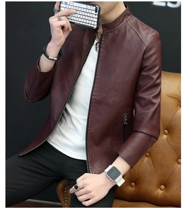Detail shot of a wine red stand collar leather jacket with premium metal zippers for men