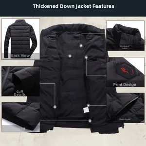 Detail view of thickened black down jacket featuring windproof collar and ribbed cuffs