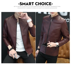 Detail view of men's slim-fit dark reddish-brown PU leather motorcycle jacket with zippers