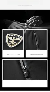 Detailed views of men's black jacket with eagle badge, 3D cutting and functional zip pockets
