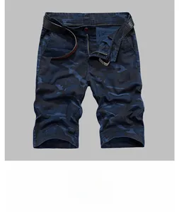 Detailed back view of men's navy camo cotton shorts with black textured leather belt