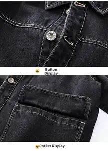 Close-up of black denim jacket with metal buttons and chest flap pockets with white stitching