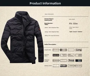 Detailed chart of men's puffer jacket with 80% grey duck down and 100% polyester fabric