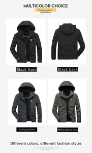 Detail view of men's hooded windbreaker in black, dark gray and army green colors