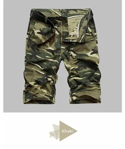 Detailed view of men's camouflage cargo shorts in khaki with a classic leather belt