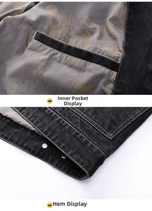 Detail of black denim jacket featuring interior printed lining and white contrast stitching
