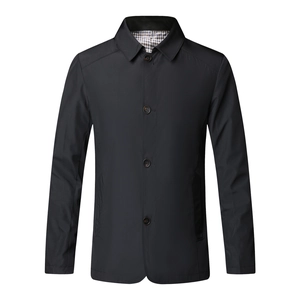 Classic black men's business casual jacket with turn-down collar and check lining detail
