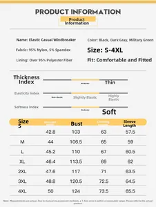 Size chart for slim-fit hooded jacket showing fabric data and measurements for S-4XL