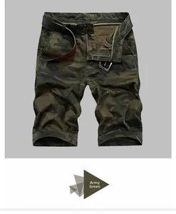 Detail of military green camo shorts with high-quality metal zipper and black belt