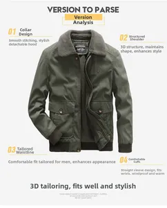 Detailed view of army green jacket featuring fleece collar, utility pockets and rib cuffs