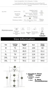 Detailed size chart for men's jacket with fabric composition and washing instructions