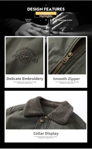 Detail of army green jacket with shearling collar, metal zipper and chest embroidery
