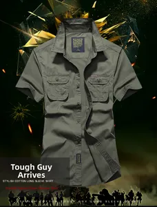 Detail view of cotton cargo shirt with tactical double chest pockets and lapel collar