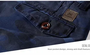Detail of cargo pocket on navy camo shorts featuring a button flap and embossed leather label