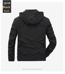 Back view of a black men's hooded jacket with elastic cuffs and a minimalist matte finish