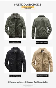 Detailed views of men's winter bomber jackets with fur collars in green, black and khaki