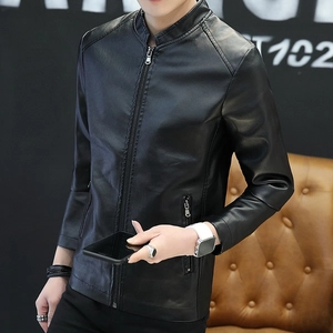 Men's Casual Stand Collar PU Leather Jacket Slim Fit Motorcycle Faux Leather Coat With Zipper Pockets For Autumn Outdoor