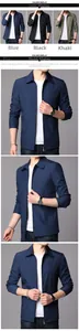 Three-color collage showing blue, black, and khaki men's business casual zip jackets