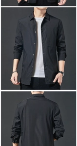 Front and back view of men's casual black jacket with classic collar and chest pocket