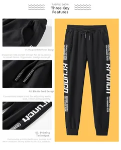 Vue détaillée du jogging noir avec imprimés graphiques grunge blancs et poignets côtelés