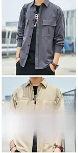 Detail view of slim fit long sleeve shirts in dark grey and khaki with chest pockets