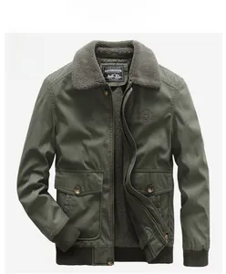 Front view of army green men's padded flight jacket with gray fleece collar and lining