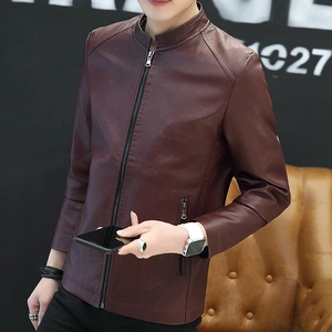 Men's slim fit faux leather biker jacket in wine red with stand collar and metal zippers
