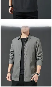Detail view of a men's gray casual jacket with lapel collar and single chest pocket
