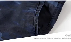 Detail view of deep blue camo shorts showing the durable cotton fabric and slanted side pockets
