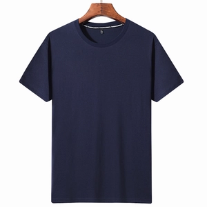 Navy blue short sleeve T-shirt with a round neck displayed on a wooden hanger