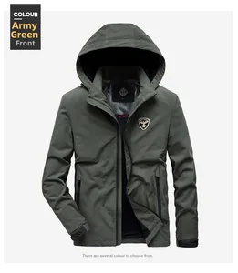 Detail view of military green hooded jacket featuring shield badge and zipper pockets