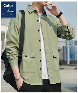 Close-up of green long-sleeved cargo shirt featuring dual front flap pockets on male model