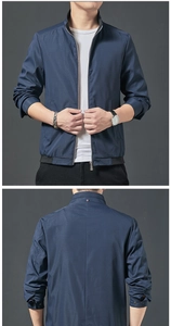Détail d'une veste décontractée bleu foncé pour homme avec col montant et fermeture éclair