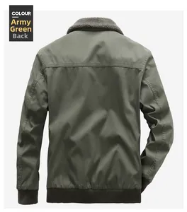 Detailed back view of an army green winter jacket with gray faux shearling collar