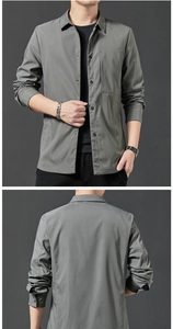 Detail of grey casual jacket featuring collar design and chest pocket with dark buttons