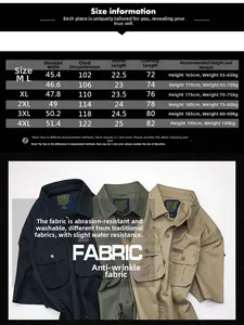 Detailed size chart for men cotton short sleeve cargo shirts with specific measurements