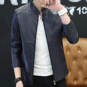 Men's dark blue faux leather biker jacket with stand collar and zipper pockets