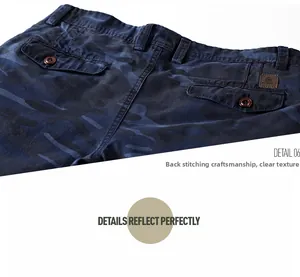 Detail view of navy blue camouflage shorts with fashion leather patch and premium stitching