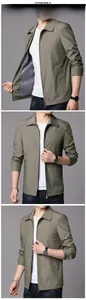 Three-way view of olive green men's jacket showing collar and checkered lining detail