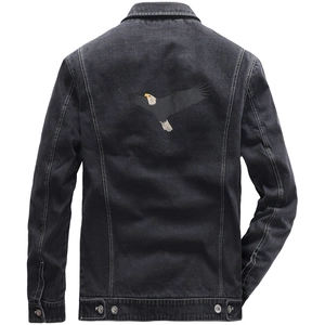 Mens slim fit dark gray denim jacket featuring a realistic eagle print on the back view