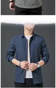Detailed view of the navy blue men jacket fabric texture and front pocket design