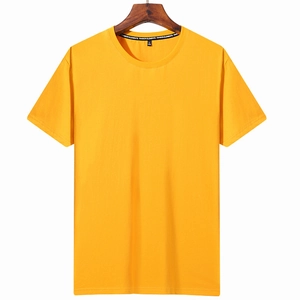 Bright yellow slim fit cotton t-shirt with crew neck on wood hanger for casual summer wear